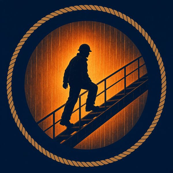The Gangway poster art: a dockworker in silhouette climbing a gangway