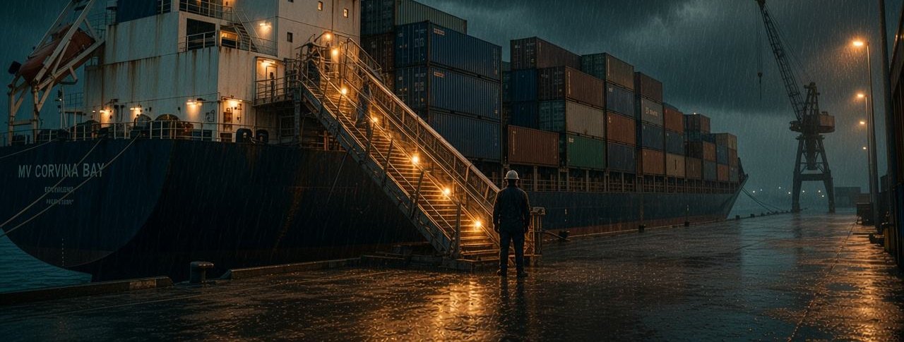 A lone dockworker stands at the foot of a ship's gangway on a rain-soaked pier at night